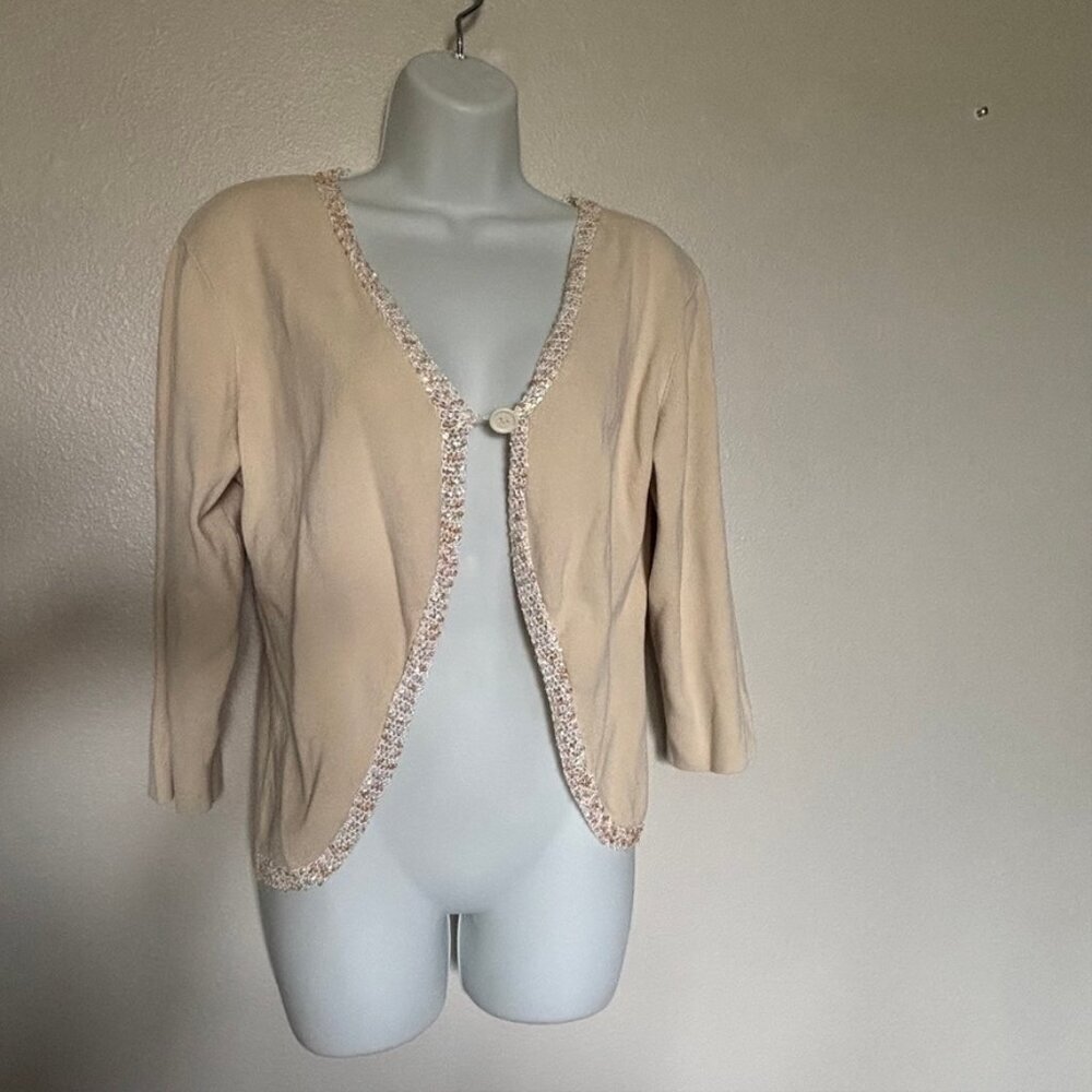 Used CDP & CO. Cream Sweater w/white trim & iridescent sequins on trim